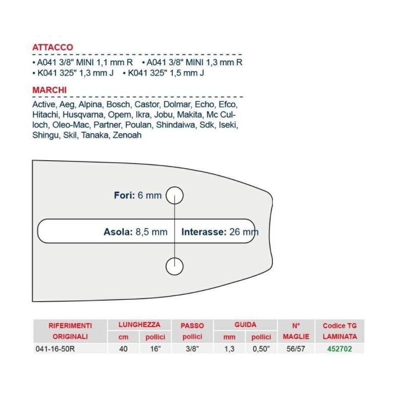 Barra motosega da legna lunghezza 40 cm catena num maglie 56/57 452702