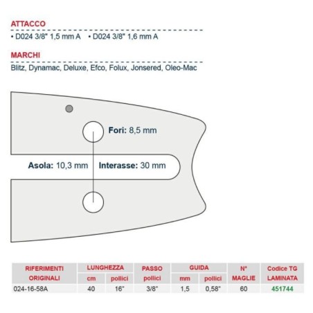 Barra de motosierra longitud 40 cm para eslabón de cadena 60 451744 | Newgardenstore.eu