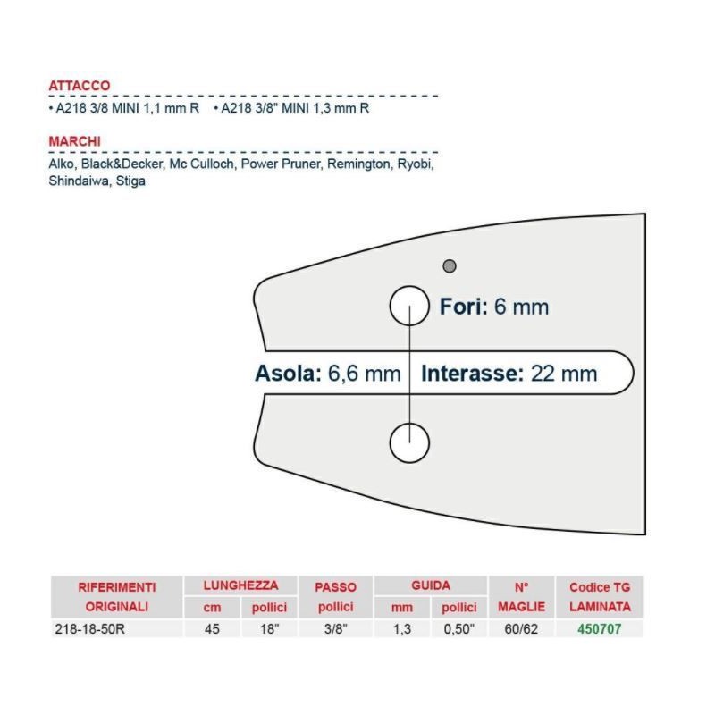 Barra motosega da legna lunghezza 45 cm per catena maglie 60/62 450707