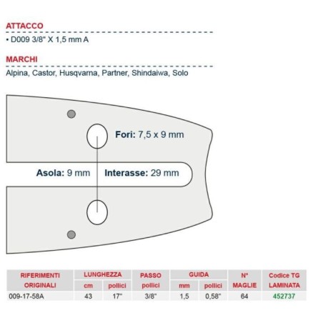 Barra motosega giardinaggio lunghezza 45 cm per catena num maglie 64 452737 | Newgardenstore.eu