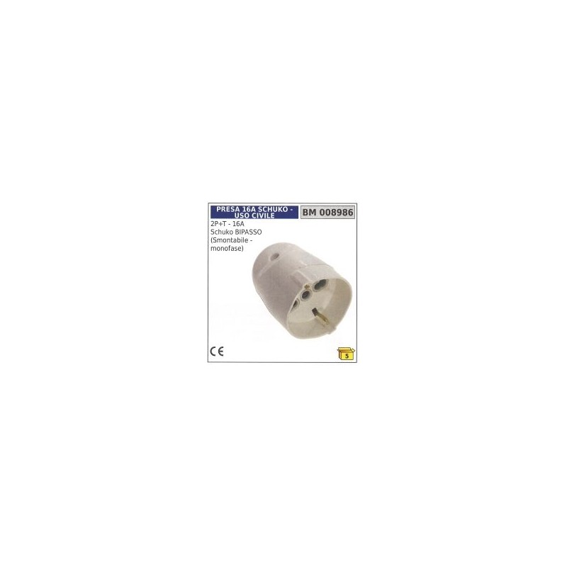 2 pole + earth - 16A Schuko two-step removable socket for civil use - single-phase