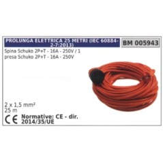 Cable alargador eléctrico 25m enchufe schuko 2 polos+tierra 16A 250V 1 toma schuko