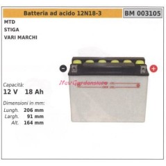 Batteria ad acido 12N18-3 per MTD STIGA vari marchi 12V 18AH 003105 | Newgardenstore.eu