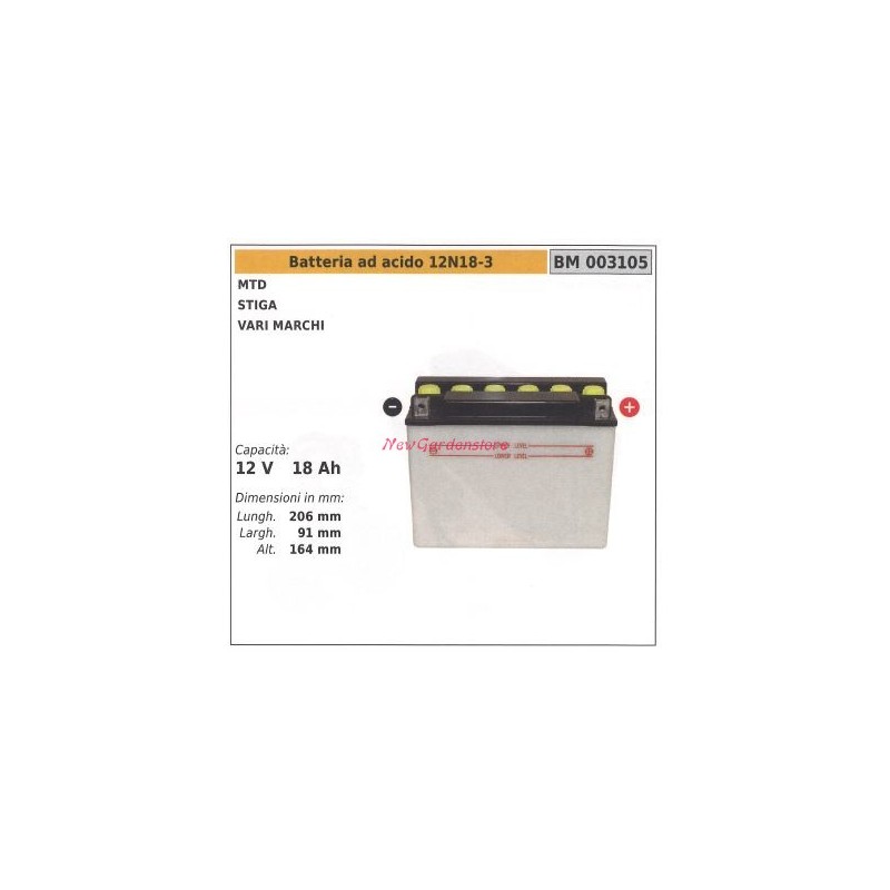 Batteria ad acido 12N18-3 per MTD STIGA vari marchi 12V 18AH 003105