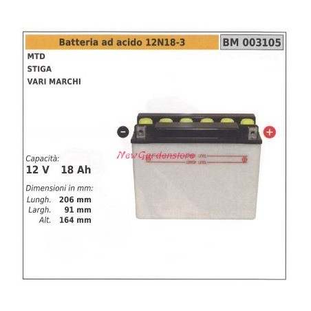 Acid battery 12N18-3 for MTD, STIGA various brands 12V 18AH 003105