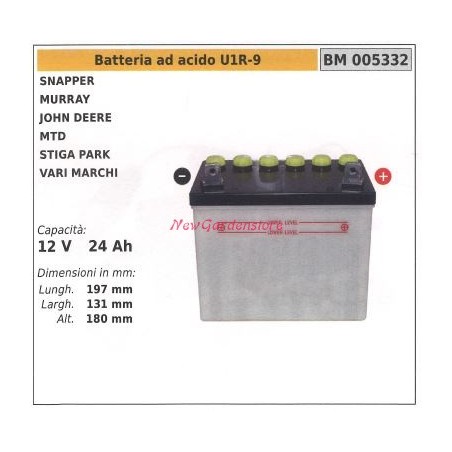 Acid battery U1R-9 for snapper murray john deere mtd 12v 24ah 005332