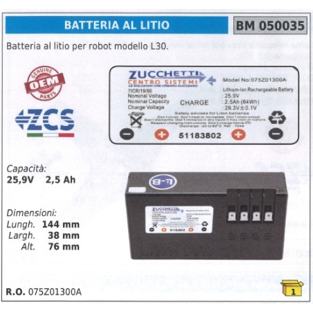 Batería de litio para robot L30 ZUCCHETTI 25,2 V 2,5 Ah 050035 075Z01300A