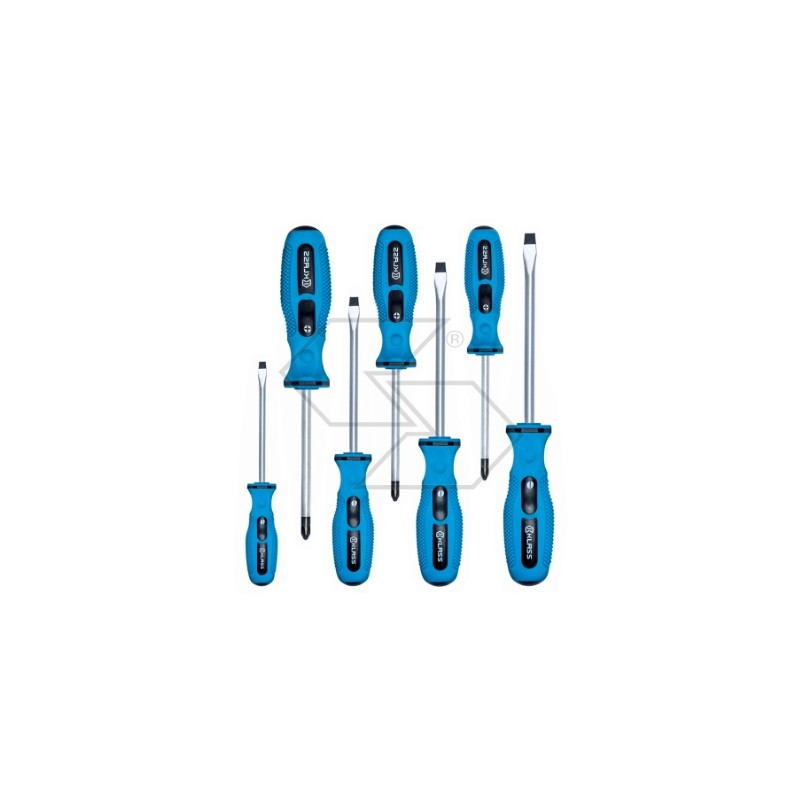 Set of 7 screwdrivers with chrome surface and magnetic tip, non-slip grip