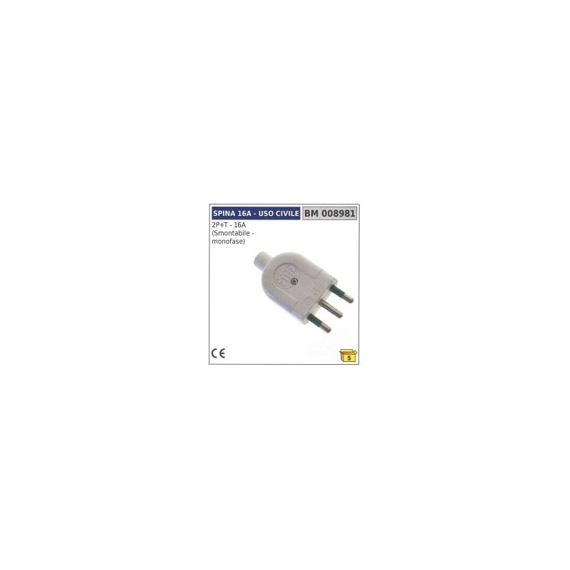 Civil plug 2 poles + earth - 16A demountable - single-phase code 008981