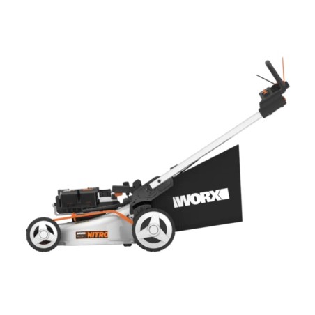 WORX WG761E cordless lawnmower with 4 x 4.0Ah batteries and 4-slide charger